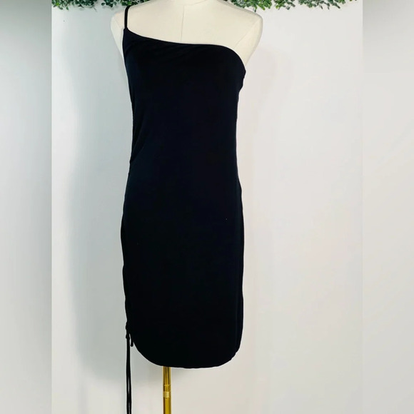 Michael Lauren Darren Black One Shoulder Tank Dress Drawstring Side Size Medium - Picture 3 of 12